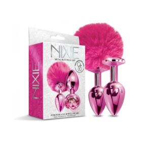 Nixie Metal Butt Plug Set Pom Pom And Jewel-inlaid Metallic Pink