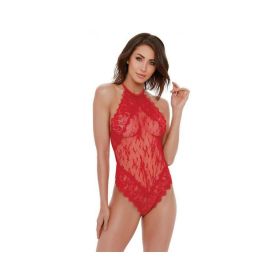 Dreamgirl Eyelash Lace Halter Teddy With High Tie-neck Closure & Snap Crotch Red Large Hanging