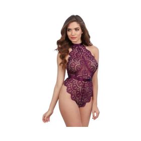 Dreamgirl Eyelash Lace Teddy With Halter Neckline And Low, Open Back With Adjustable Tie-back Ribbon