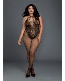 Fishnet Bodystocking W/knitted Teddy Design Black Qn