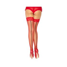 Stay Up Lace Top Back Seam Fishnet Thigh Highs Red Black O/S